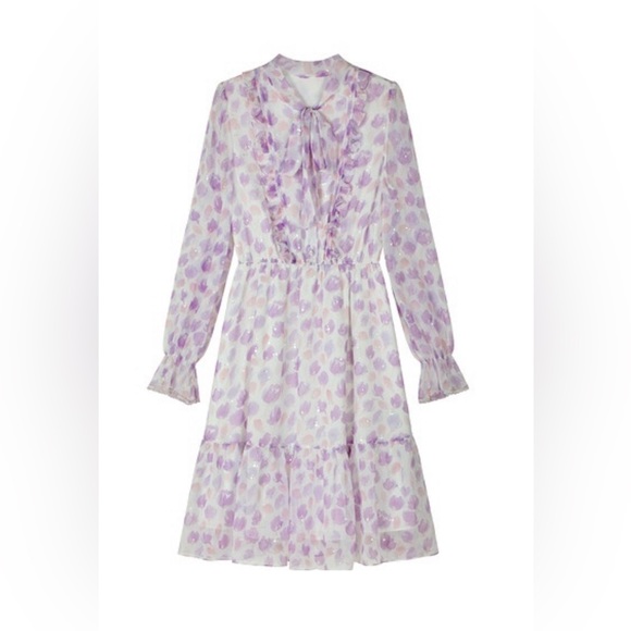 NWT Bow Tie Neck Floral Print Button Front Ruffle Hem A-line Dress Lilac Size S - Picture 6 of 16